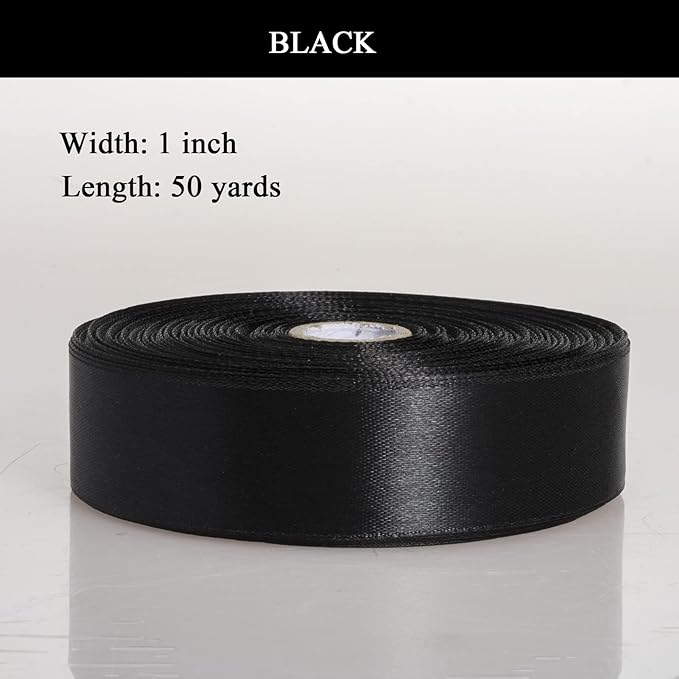 1 Inch Black Solid Satin Ribbon, 50 Yards Craft Fabric Ribbon for Gift Wrapping Floral Bouquets Wedding Party Decoration