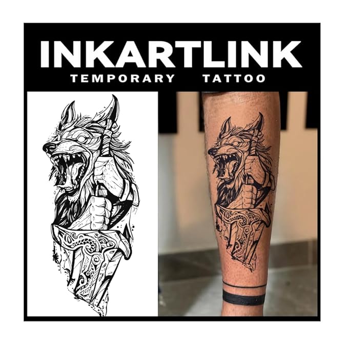 INKARTLINK Tattoo Tech, 2 Sheets Large Semi Permanent Tattoo, Adult Art Design Temporary Tattoos, Lasts 1-2 Weeks, Waterproof, Realistic Look, No Reflection (Wolf Sword)