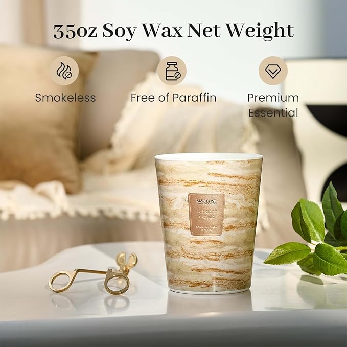 M&SENSE Extra Large Candle 35oz 150H TobaccoVanilla Scented, 3 Wick Highly Scented Jar Candles, XL Large Christmas Gift Candle for Women, Long Lasting Burning for Holiday, Thanksgiving, Christmas