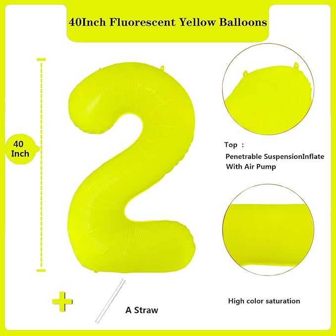 Fluorescent Yellow Number Balloon 40 inch Giant Foil Helium Balloons Yellow Number 2 Balloon for 2nd Birthday Party Decorations