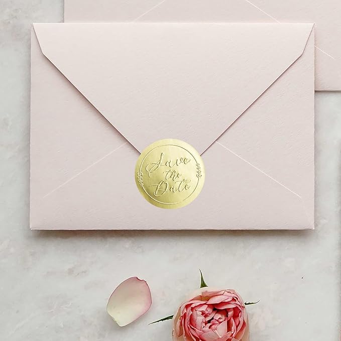 100 x Save The Date Stickers – Embossed Gold Foil Labels – Elegant Envelope Seals for Wedding Invitations & Party Favors – Metallic Foil Tags, 1.6 Inch