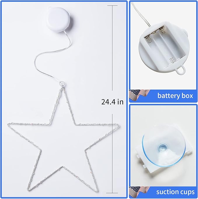 BlcTec 4th of July Decorations, 2 Pack Patriotic Red White Blue Star Window Lights with Suction Cups, Timer, Battery Operated Durable Metal Frame Silhouette Lights for July 4th Window Wall Decorations