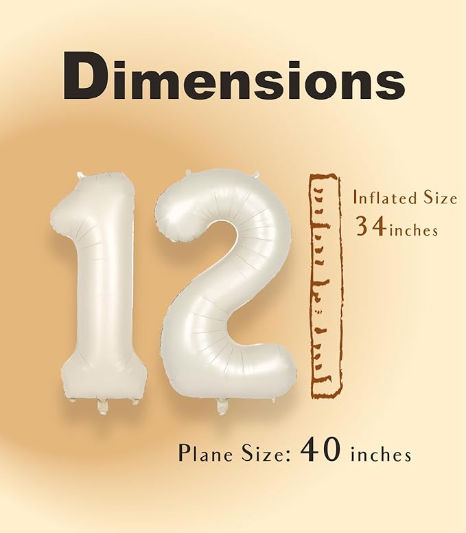 SUWEN 40 Inch Cream White Large 12 Number Balloons Big Foil Helium Number Balloons 0-9 Jumbo Happy 12th Mylar Birthday Party Decorations for Boy or Girl 21 Anniversary Party Supplies