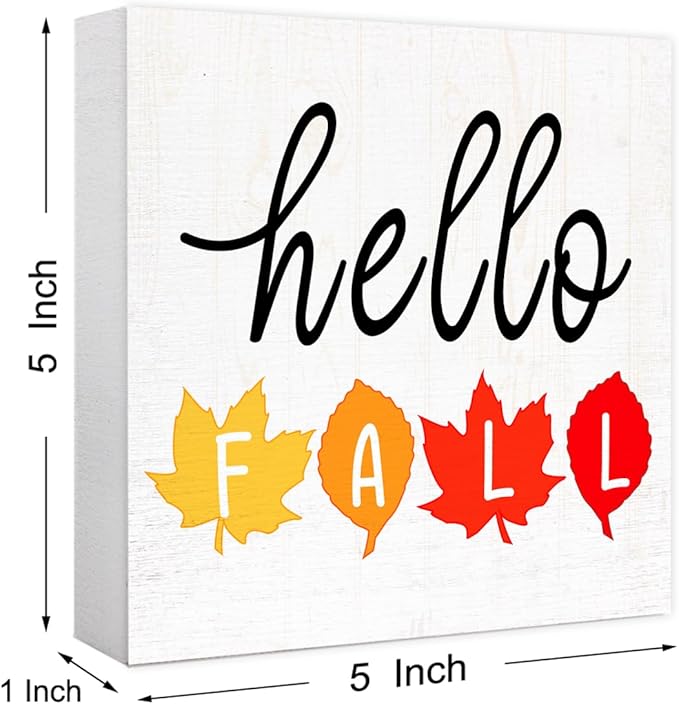 Hello Fall Wood Box Sign Funny Autumn Maple Leaves Wooden Block Desk Decor for Home Office Kitchen Cubicle Table Shelf Tabletop,Farmhouse Fall Sign Decor