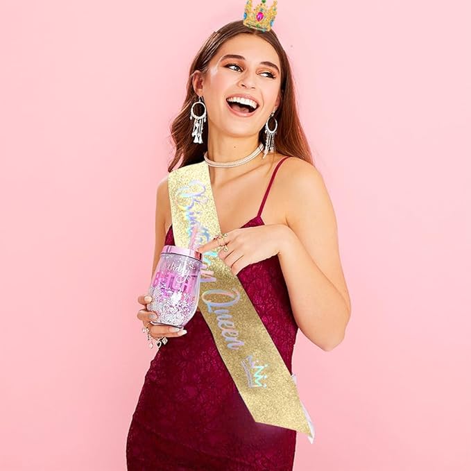 Birthday Queen Sash for Women Tiara & Crowns Headbands for Girls Happy Birthday Party Accessories Favor Supllies Leona Gold Pink, 2 Pack