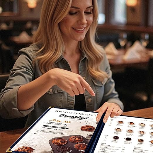 Goodsmart Restaurant Menu Covers - 25 Pack Blue 8.5" x 11", 2-Page/4-View, Side-Loading Vinyl Menu Holders, Clear Sleeves, Double-Stitched Edge, Leather-Style Café Menu Covers with Gold Corners