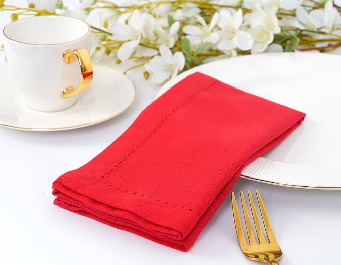 Blue Needles Set of 12 Hemstitch Linen Napkins 100% Cotton Red Cloth Dinner Napkins 18x18 inches, Soft, Reusable, Absorbent, Washable, Ideal for Fall Thanksgiving Events, Parties & Everyday Use