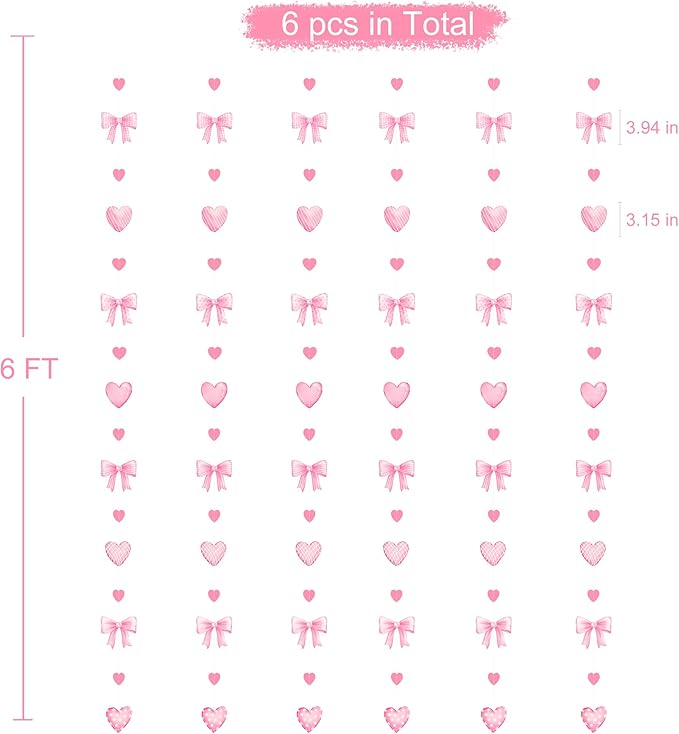 Pink Bow Decorations Pink Heart Plaid Twill Polka Dot Bow Hanging Streamer Garland Banner for Birthday Baby Shower Bridal Shower Wedding Anniversary Bachelorette Coquette Party Decorations Supplies