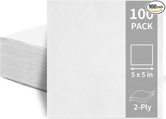 100 Pack Cocktail Napkins Disposable, 2-Ply 5" x 5" Party Napkins, Square Beverage Dinner Napkin for Wedding Birthday Party Anniversary Reception Bar Event (White)