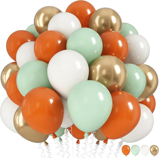 Fall Balloons Set, 12 Inch Thanksgiving Balloons, Retro Burnt Terracotta Rust Orange Dusty Sage Mint Green White Metallic Gold Latex Balloon for Thanksgiving Autumn Harvest Fall Birthday Decorations