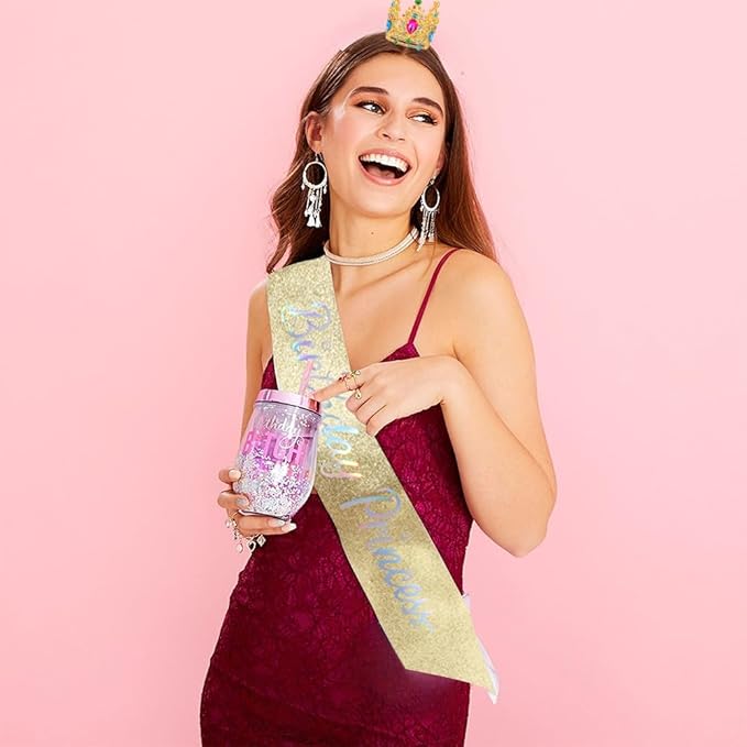 Birthday Princess Sash for Women Tiara & Crowns Headbands for Girls Happy Birthday Party Accessories Favor Supllies Leona Gold Pink, 2 Pack