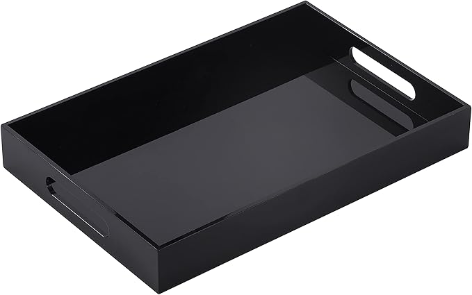 Black Oversize Acrylic Serving Tray with Handles 10x15 Inch -Spill Proof- Decorative Trays Countertop Organizer for Ottoman,Nightstand, Sidetable, Butler (10X15 Inch, Black)