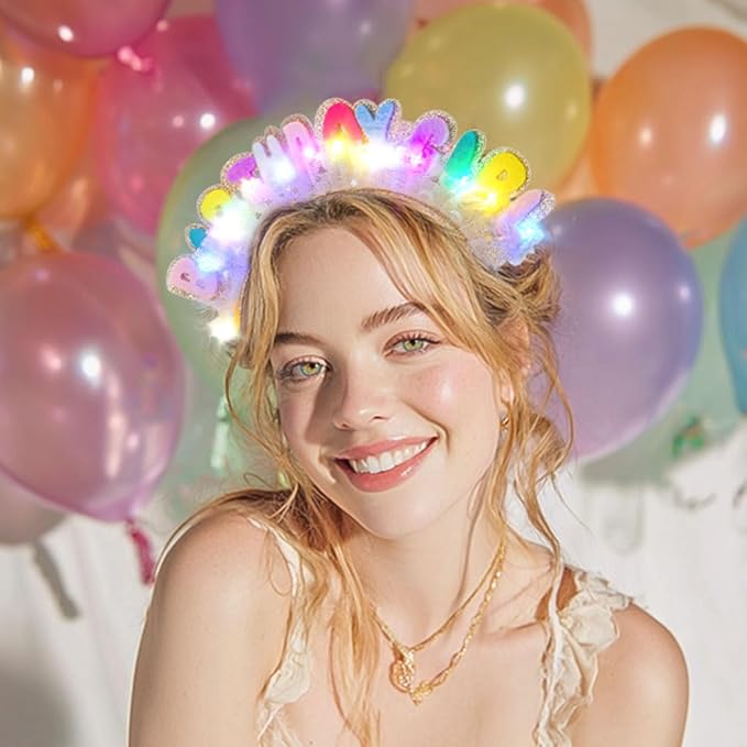 Light Up Birthday Girl Headbands LED Pink Birthday Crown Headpiece Glitter Party Hair Accessories for Women (Gold, One Size)