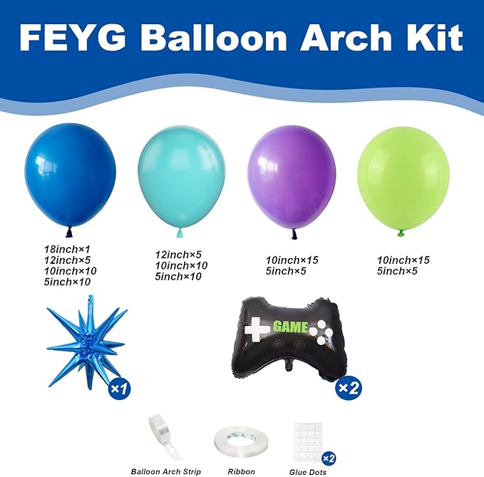 120PCS Video Game Balloon Arch Kit, Blue Purple Green Black Party Balloons with 2Pcs Game Handle Foil Balloons 4D blue star for Video Game Theme Birthday Party Boys Night Decor
