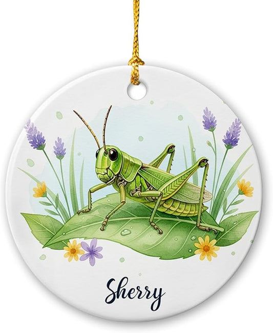 Grasshopper with Nature Ornament, Grasshopper Ceramic Ornament with Customized Name, Grasshoppers Lover Gifts, Grasshoppers Christmas Ornaments, Personalized Insect Lover Keepsake Decoration