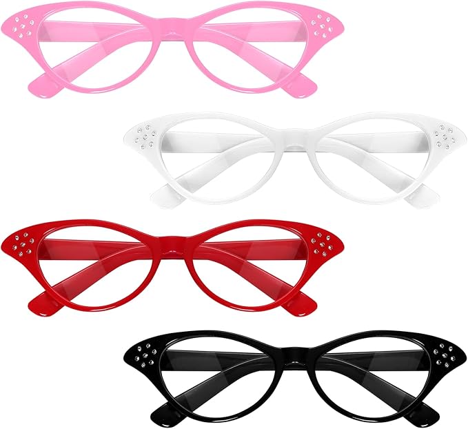 Fumwase 4PCS Cat Eye Glasses with Rhinestones 50s 60s Party Costume Glasses Old Lady Glasses for Halloween Cossplay Hip Hop Dress up (4, Black+White+Red+Pink)