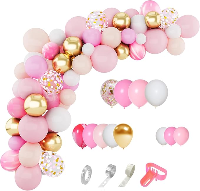 Amandir 144Pcs Pink Balloons Garland Arch Kit Light Pink Gold White Confetti Latex Metallic Balloons for Girl Birthday Baby Shower Wedding Graduation Party Decorations Supplies