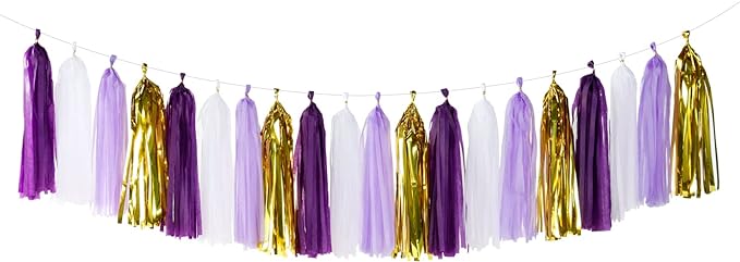 Purple-Gold Party Decoration Tassel Garland - 20pcs Lavender White Gold Birthday Party Supplies Tassels Banner Women Girls Wedding Engagement Bachelorette Graduation Decorations