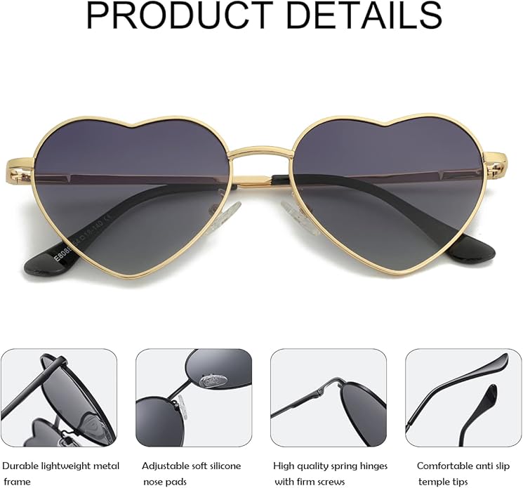 JOVAKIT Polarized Heart Sunglasses for Women Fashion Lovely Style Metal Frame UV400 Protection Lens