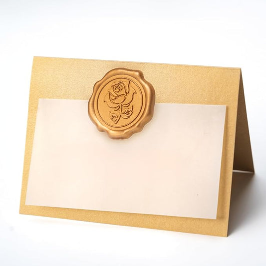 25 Pack Name Cards for Table Setting, Place Cards with Antique Gold Rose Wax Seal Sticker for Wedding, Table Tent Card Stock Handmade Decor for Party, Dinner, Home(Pearlized Gold)