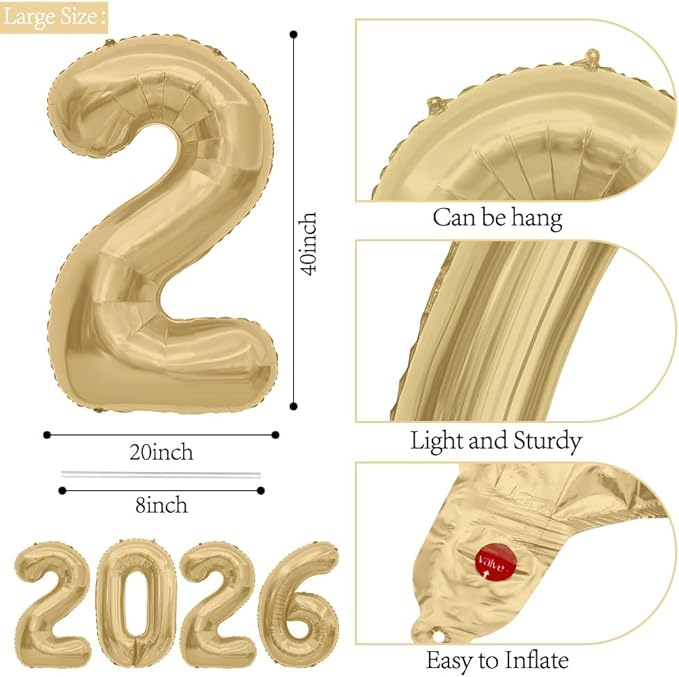 2026 Balloons, 40 Inch 2026 Number Balloons Mute Gold 2026 Balloon Large Foil New Year Balloon Numbers 2026 Mylar Baloons for Birthday Christmas Graduation New Years Eve Party Supplies Decorations