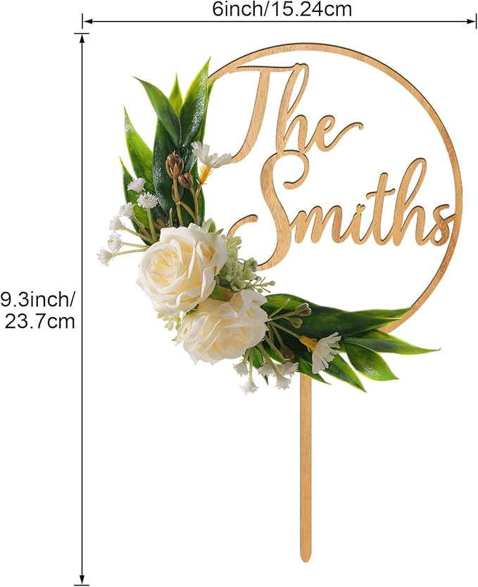 3D Flowers Wedding Cake Topper Custom Last Name Wedding Cake Decoration in Wood with 3D Artificial Roses (Oak)