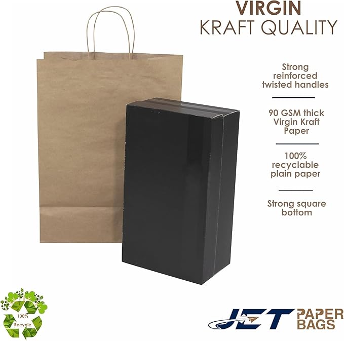 JET PAPER BAGS - Large Brown Paper Bags with Handles 13”x7”x17” Inch [25 Pcs] Prime for Takeout, Grocery, Goody, Retail, Party, Gifts, Weddings