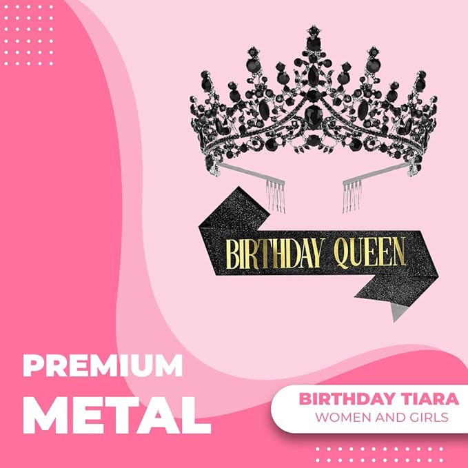 Birthday Tiara Crown with Sash for Women, Headband Hair Accessories for Wedding Party Costume Black