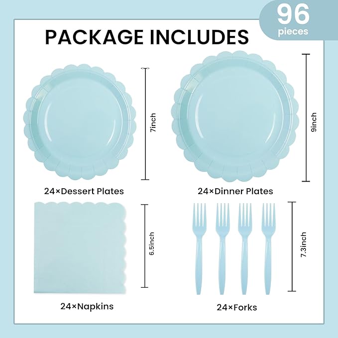 96PCS Blue Paper Plates and Napkins, 24 Guest Light Blue Disposable Tableware Set Include Scalloped Paper Plates Napkins and Forks Decoration Party Supplies for Baby Shower Wedding Birthday