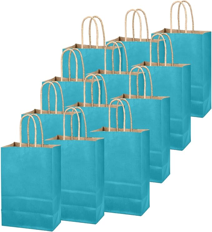 qiqee Sea Blue Gift Bag with Handles Bulk 24Pcs Paper Bags -10.6"x8.3"x4.3"Party Favor Bags - Solid Color