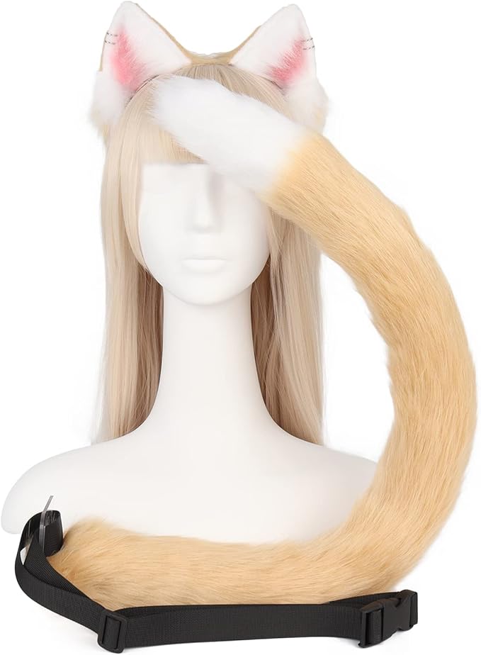 QinRuan Animal Cosplay Costume Accessories Furry Faux Fur Cat Ears Headband and Fox Tail Set Halloween Accessory