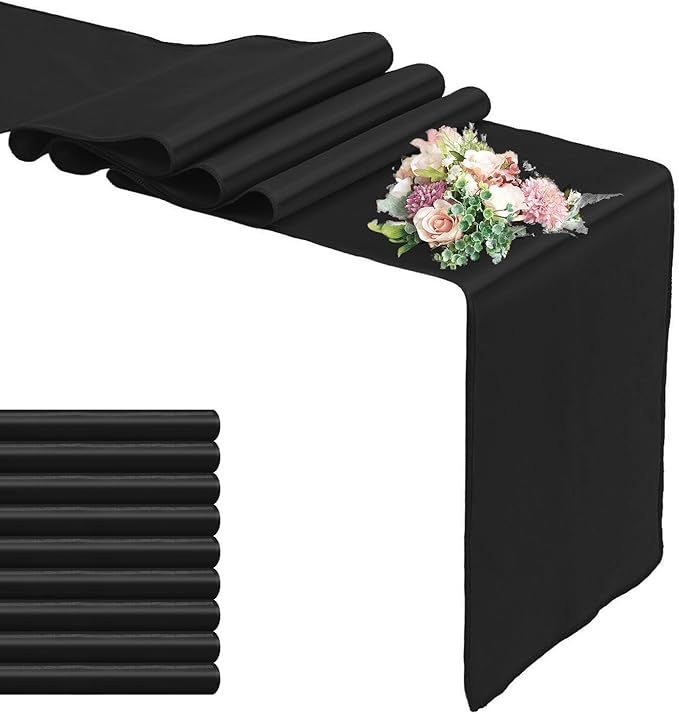 10 Pack Satin Table Runner Black 12 x 108 Inch Long,Satin Silk Table Runner for Wedding,Birthday Party and Banquet(Black,10 Pack)