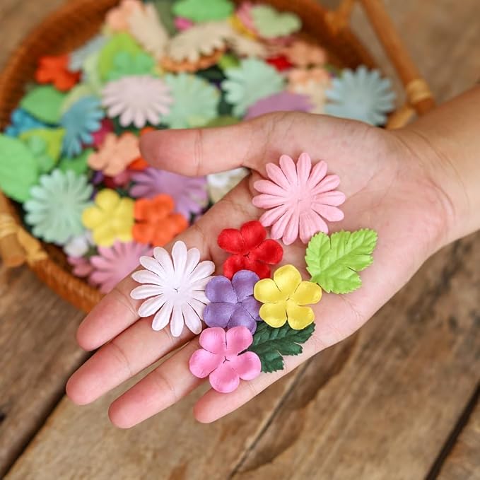 100 Pcs Handmade Mixed Mulberry Paper Flowers Petals and Leaves Scrapbooking Wedding DIY Craft Supplies Card(Mixed Pastel Flowers/Green Tone Leaves)