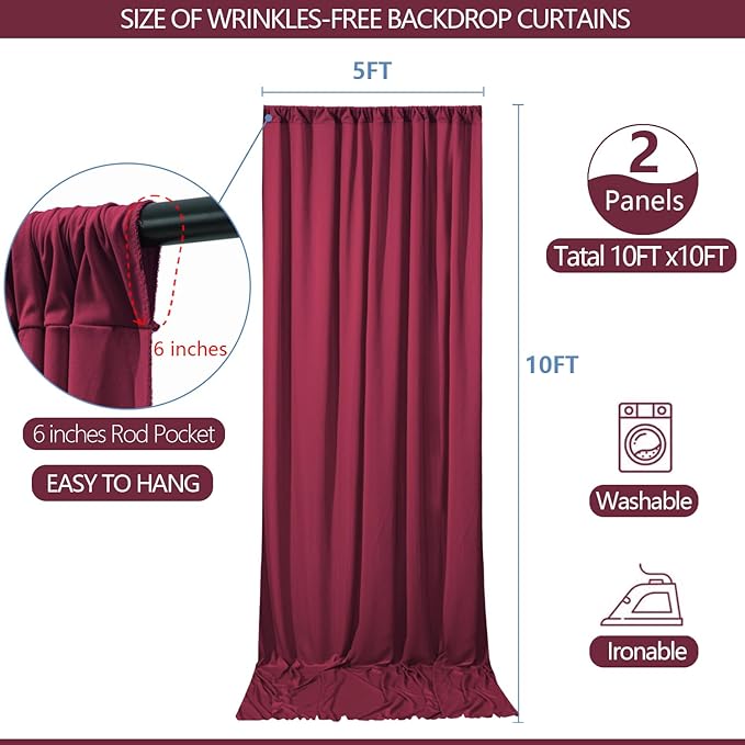 10x10ft Wrinkle Free ‌Burgundy Backdrop Curtain for Parties Soft Fabric Drapes Wedding ‌Curtain Backdrop for Birthday Party Decorations Background for Photography 5x10ft, 2 Panels