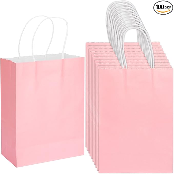 100 Pack 5.9x3.15x8.26 inch Small Pink Gift Bags, Kraft Bags with Handles Bulk for Birthday Party Favors,Gift Paper Bags,Retail Shopping Business Goody Craft Gift Bags