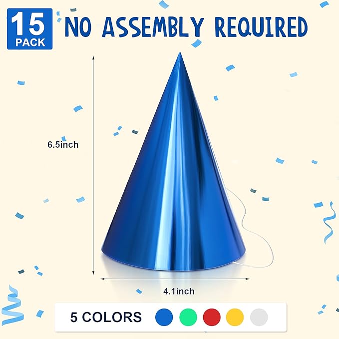 Sumind Colorful Birthday Party Hats Cone Hats for Adults Metallic Foil Cone Headwear