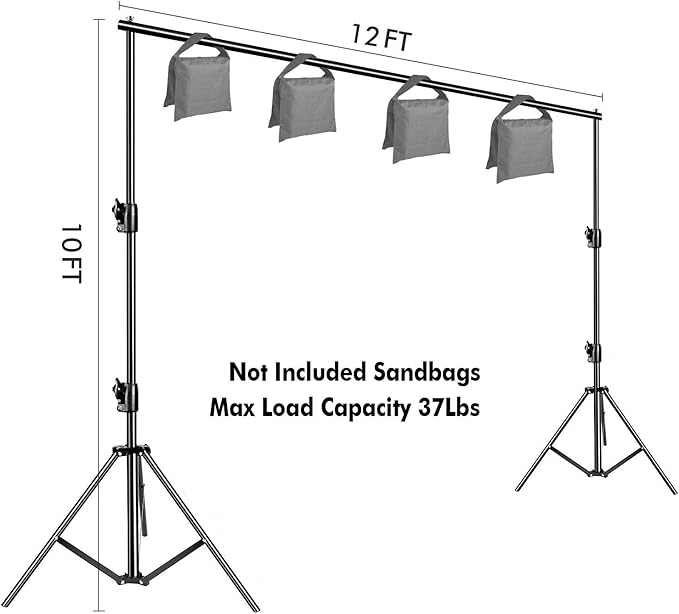 12ft x 10ft Photo Video Studio Heavy Duty Adjustable Photography Muslin Backdrop Stand Background Support System Kit with Carry Bag 4 Spring Clamps
