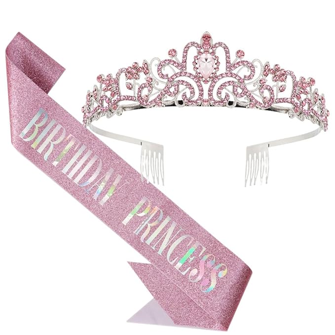 Birthday Queen Tiara & Sash for Women Girls, Rhinestone Headband Princess Crown with comb Happy Birthday Party Decorations Favors Supplies (Pink)