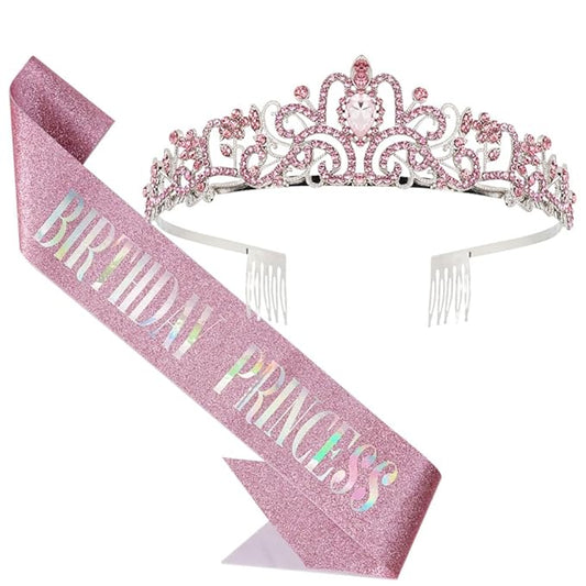 Birthday Queen Tiara & Sash for Women Girls, Rhinestone Headband Princess Crown with comb Happy Birthday Party Decorations Favors Supplies (Pink)
