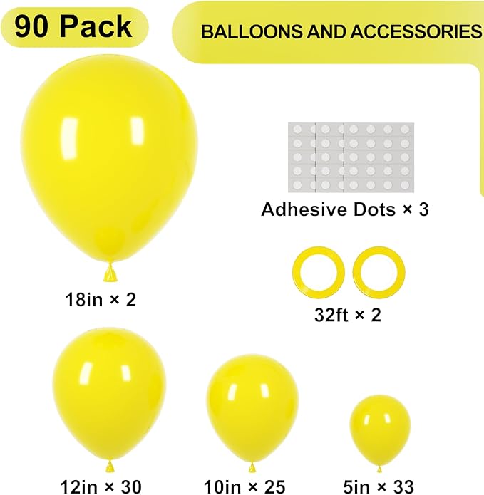 90pack Yellow Balloons Different Size 18/12/10/5 Inch Yellow Balloon Garland Arch Kit for Graduation, Wedding, Birthday, Baby Shower, Sunflower and Honeybee Theme Party Decorations