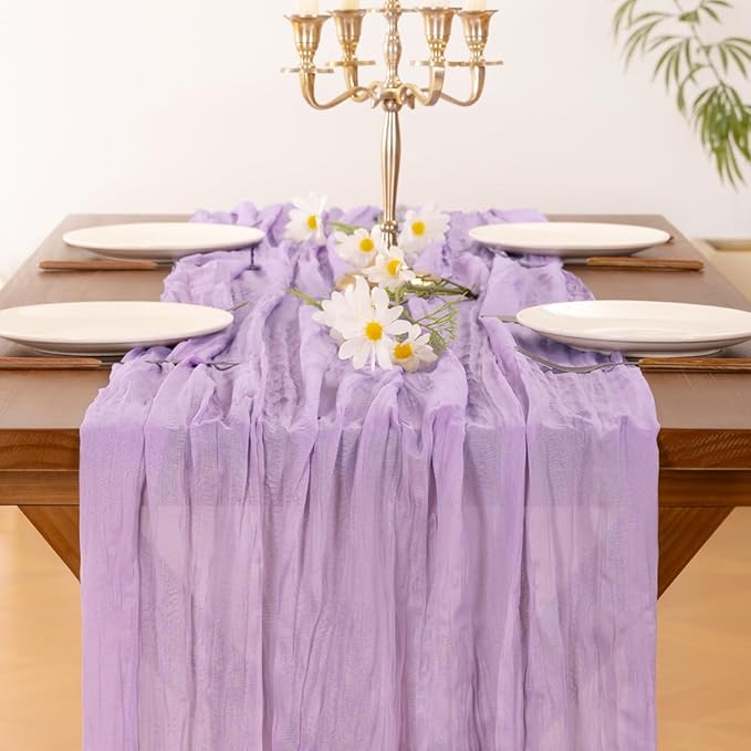 Socomi 6pcs Lilac Purple Lavender Cheesecloth Table Runner Fall Thanksgiving Boho Rustic Gauze 120 inch 10FT Cheese Cloth Runner for Wedding Party Baby Shower Birthday Home Decor Holiday Decorations