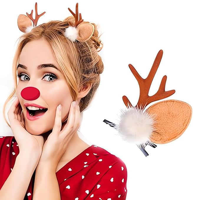Christmas Reindeer Antlers Headband Hair Clips Brown Deer Ears with Elk Design Deer Antlers Decor Christmas Party Holiday Deer Ears Costume Headband Hairpin for Women Girls Hair Accessories