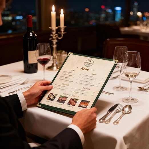 Goodsmart Restaurant Menu Covers - Green, 25 Pack, 8.5" x 11", 1-Page/2-View, Top-Loading Vinyl Menu Holders, Clear Sleeves, Double-Stitched Edge, Leather-Style Café Covers with Gold Corners