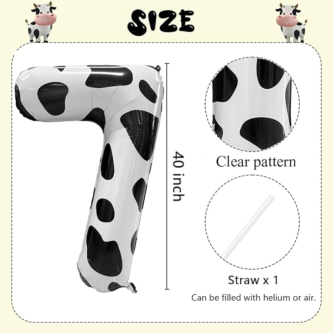 Cow Print Number Balloons, Large Foil Number 7 Balloon 40 Inch Cow Balloon for Boys Girls Birthday Decoration Cow Themed Birthday Party Decorations Farm Animal Party Supplies