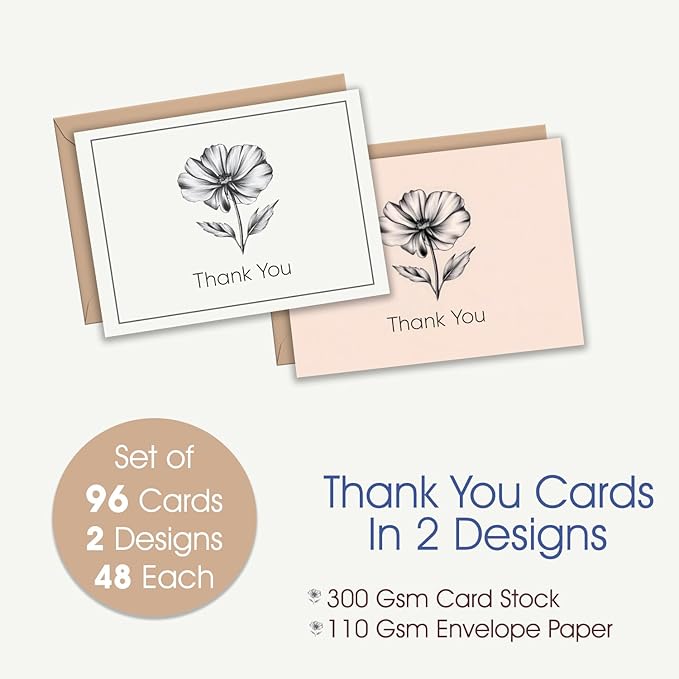 easykart labels Thank You Cards with kraft Envelopes - Blank Stylish papers for Handwritten Messages -Set of 96 and Envelopes - Assorted cute Cards with kraft envelioe pack of 4