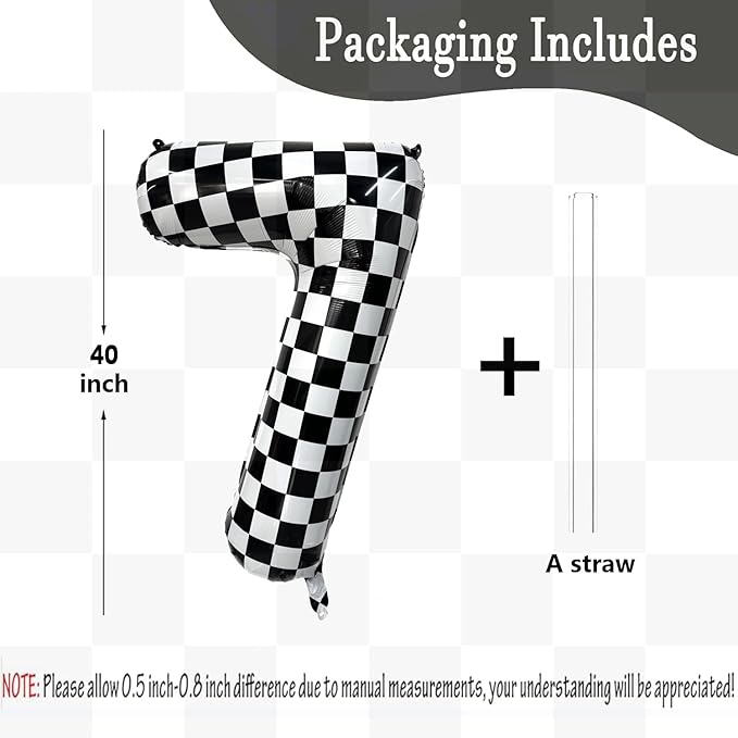 40 Inch Checkered Number Balloon 7 Black and White Number 7 Balloon Foil Helium Balloons for Birthday Party Decoration Girls Boys Baby Shower Anniversary Decoration Race Car Party Decoration