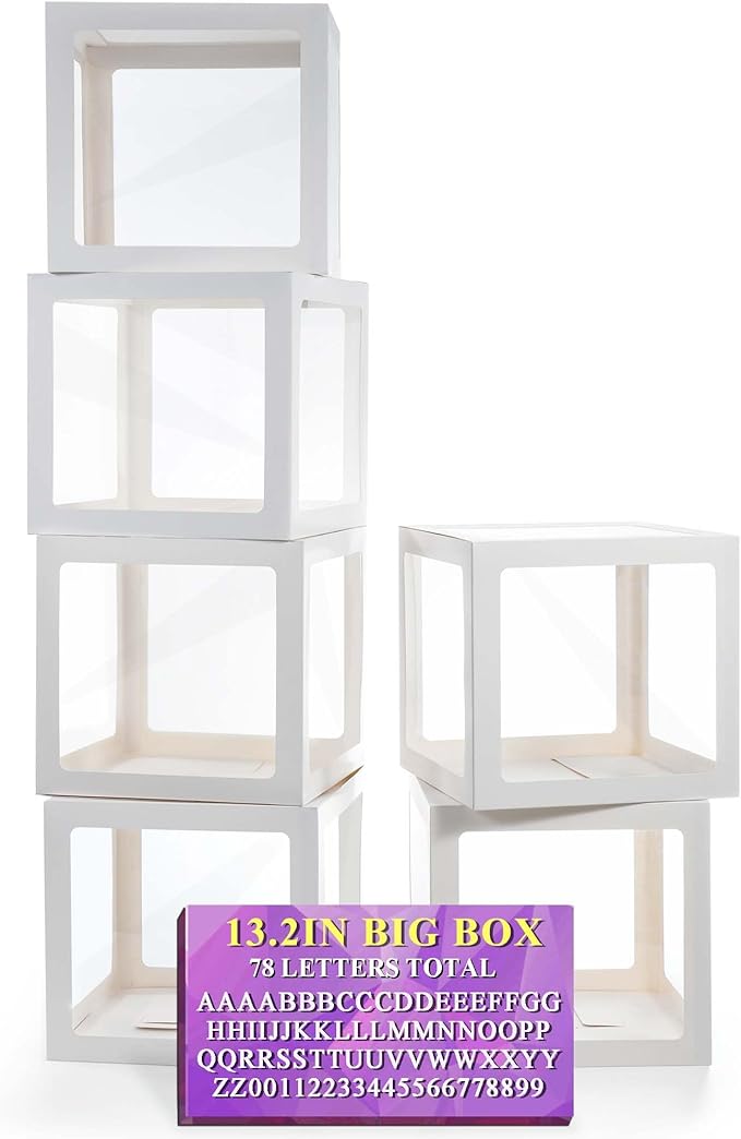 Ledido White Transparent Balloon Boxes With 78 Letters, 13.2" Big Name Boxes for Baby Shower Clear Baby Boxes for Gender Reveal, Birthday Wedding, Graduation Prom Party Decorations -6 PCS
