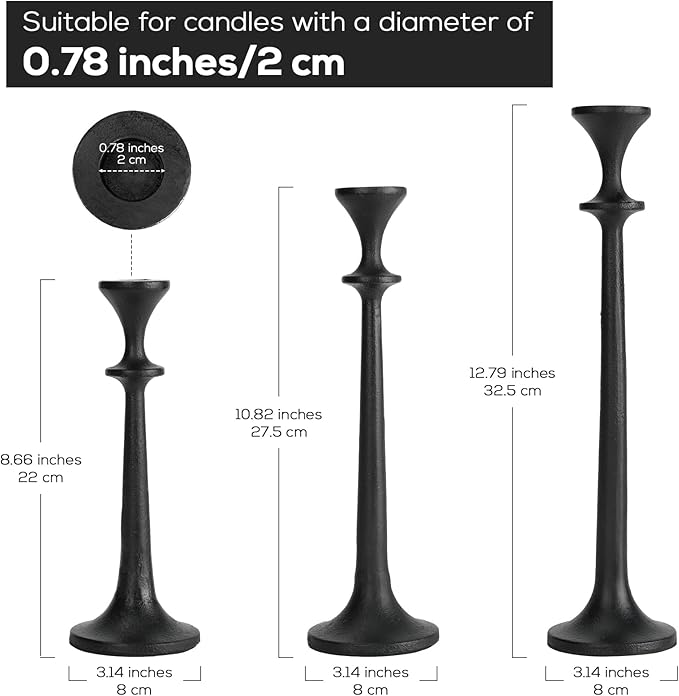 Black Taper Candle Holders Set of 3 Heavy Cast Iron Black Candlestick Holder for Table Centerpiece Modern Decorative Tapered Candle Stand Tall Set for Home Decor Fireplace Wedding Halloween Christmas