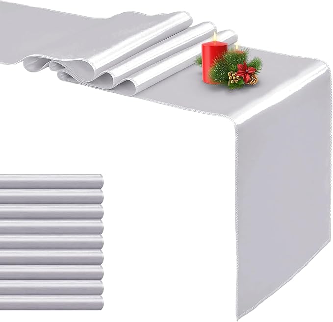 10 Pack Satin Table Runner Silver 12 x 108 Inch Long,Satin Silk Table Runner for Wedding,Birthday Party and Banquet(Silver,10 Pack)