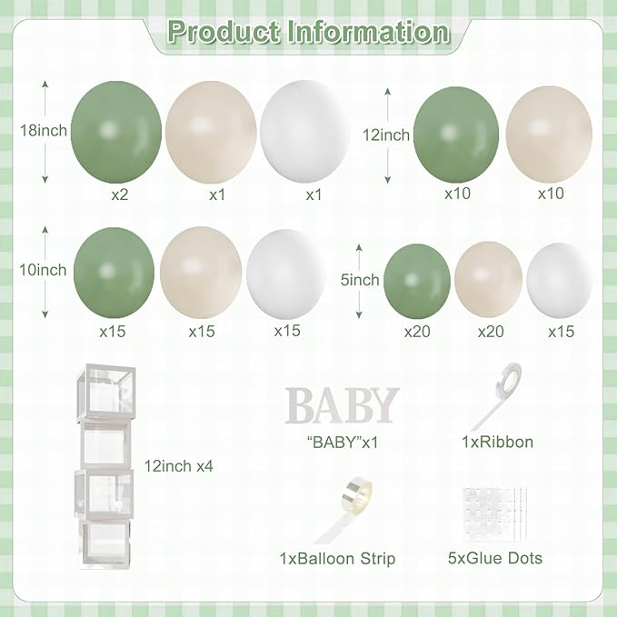 Sage Green White Balloon Baby Shower Decorations, 132Pcs Sage Green Balloon Arch Garland Kit Baby Box with Letters for Boy Girl Boho Baby Shower Gender Reveal Birthday Party Decorations